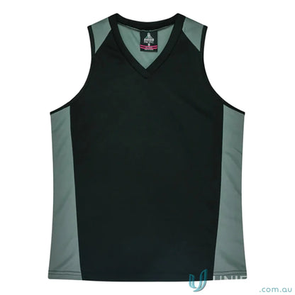 Black and gray sleeveless Premier Singlet with comfortable fabric neck bind for workouts