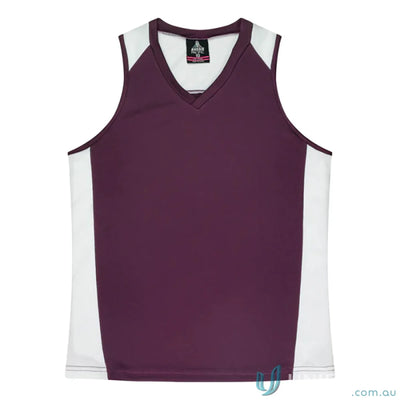 Maroon and white Premier Singlet athletic tank top with fabric neck bind and V-neck style