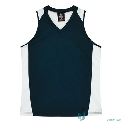 Navy and white V-neck athletic tank top with fabric neck bind in Premier Singlet