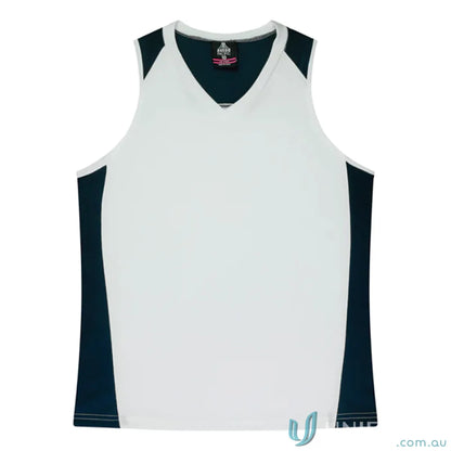 White and dark blue Premier Singlet with fabric neck bind for a sporty look