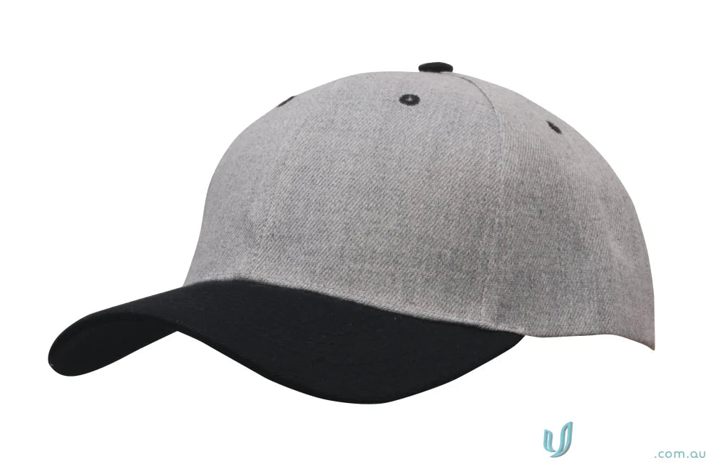 Gray and black baseball cap from Premium American Twill Cap, perfect for uniforms or workwear FAQ link included