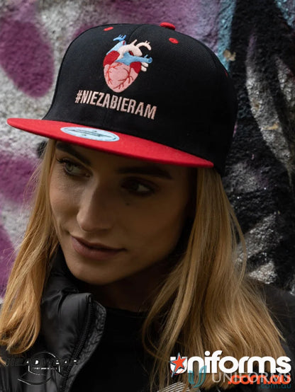 Black and red baseball cap with heart design from Premium American Twill Snap workwear