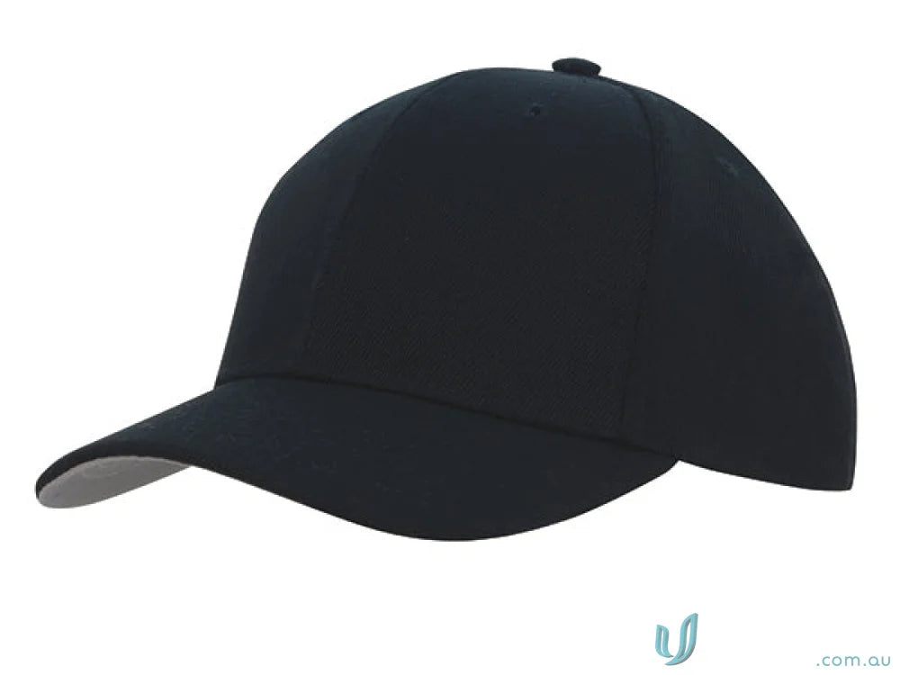 Black baseball cap made from Premium American Twill with fabric-covered touch strap and pre-curved peak