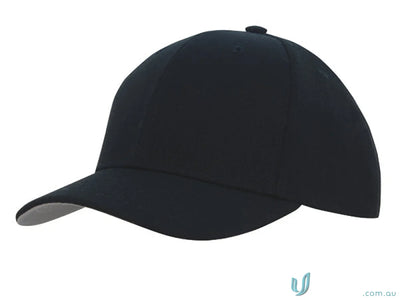 Black baseball cap made from Premium American Twill with fabric-covered touch strap and pre-curved peak