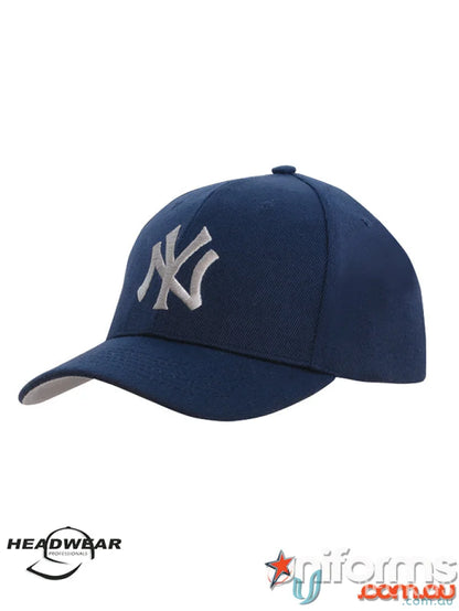 Navy blue baseball cap with white logo, premium American twill fabric and pre-curved peak