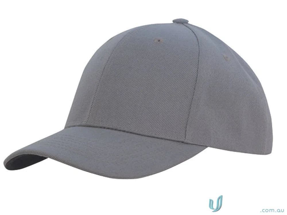 Gray baseball cap made from premium American twill with fabric-covered touch strap and pre-curved peak
