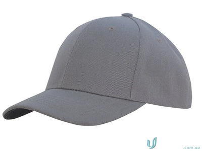 Gray baseball cap made from premium American twill with fabric-covered touch strap and pre-curved peak