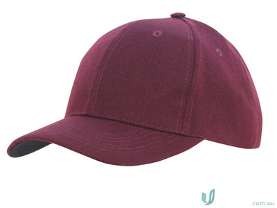 Maroon baseball cap in premium American Twill with contrast peak and fabric-covered touch strap