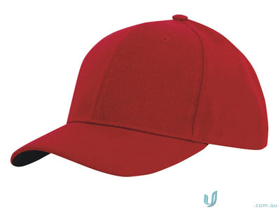 Red baseball cap made of premium American twill with pre-curved peak and fabric-covered touch strap