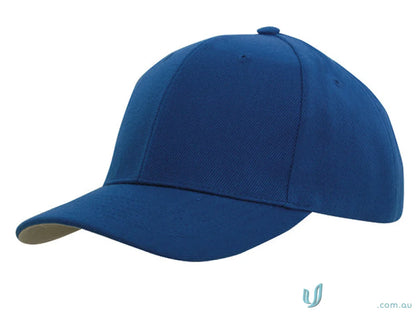 Blue baseball cap made from premium American twill with a pre-curved peak and fabric-covered touch strap