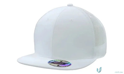 White flat-brimmed trucker hat with holographic pro sticker for uniforms FAQ link