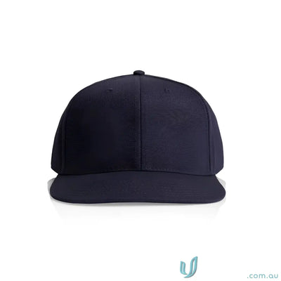 Dark navy blue stock canvas cap with tonal under-peak lining and flat brim for men