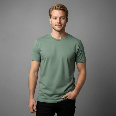 A man wearing a soft sage green crew neck premium basic tee perfect for casual work uniforms and everyday workwear