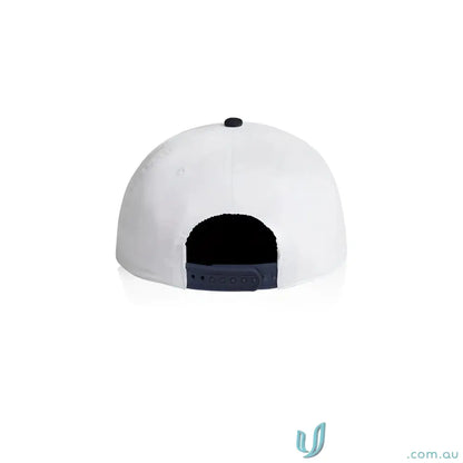 White cotton 16-wale partridge cord cap with dark blue snapback closure