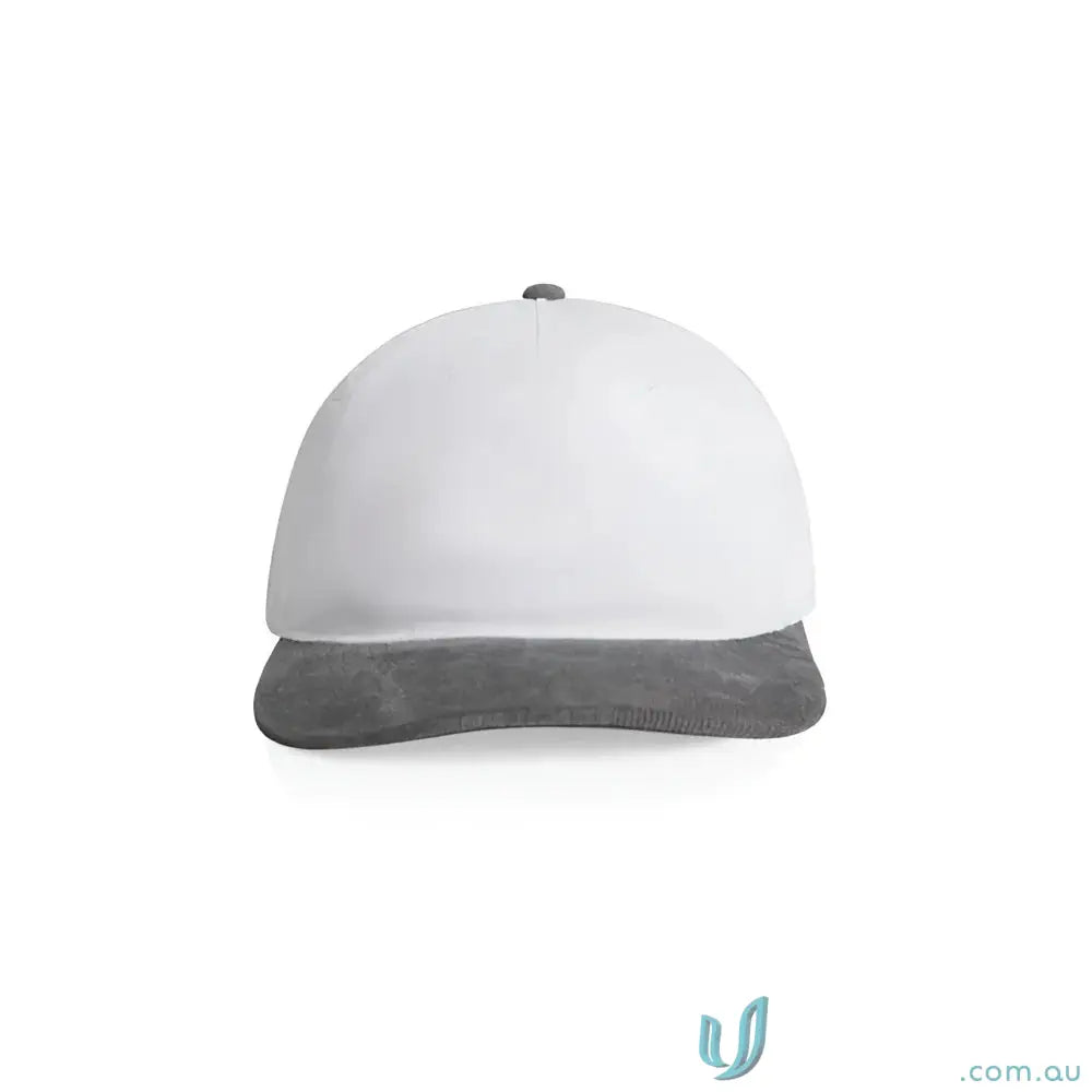 White cotton 16-wale partridge cord cap with dark gray brim, unstructured five-panel style