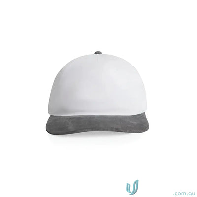 White cotton 16-wale partridge cord cap with dark gray brim, unstructured five-panel style