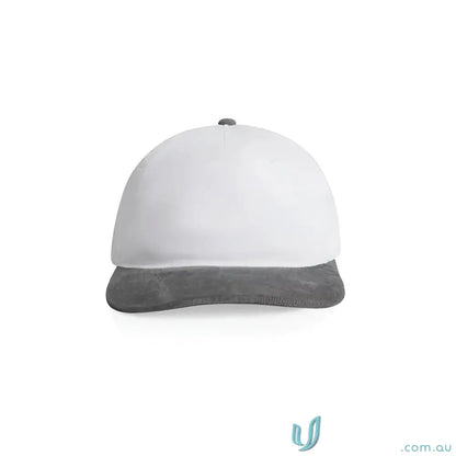 White cotton 16-wale partridge cord cap with dark gray brim, unstructured five-panel style