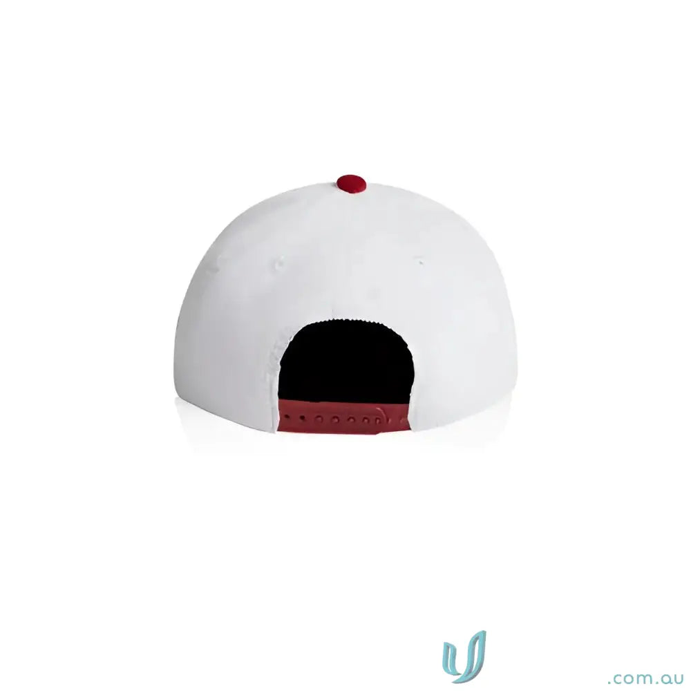 White cotton 16-wale partridge cord cap with dark red adjustable strap and top button