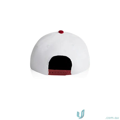 White cotton 16-wale partridge cord cap with dark red adjustable strap and top button