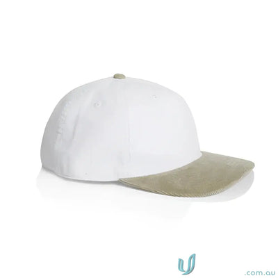 White cotton 16-wale partridge cord cap with light green brim and five-panel design