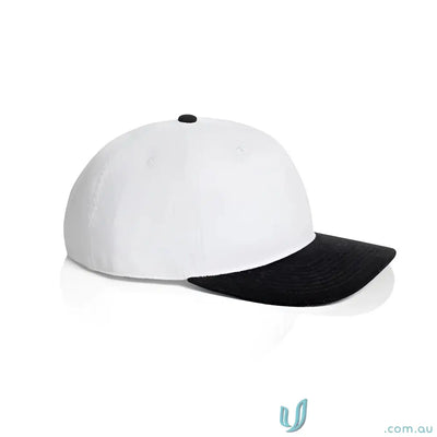 White cotton 16-wale partridge cord cap with black brim and five-panel design