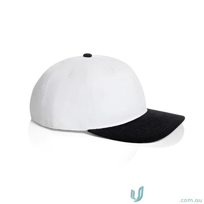 White cotton 16-wale partridge cord cap with black brim and five-panel design