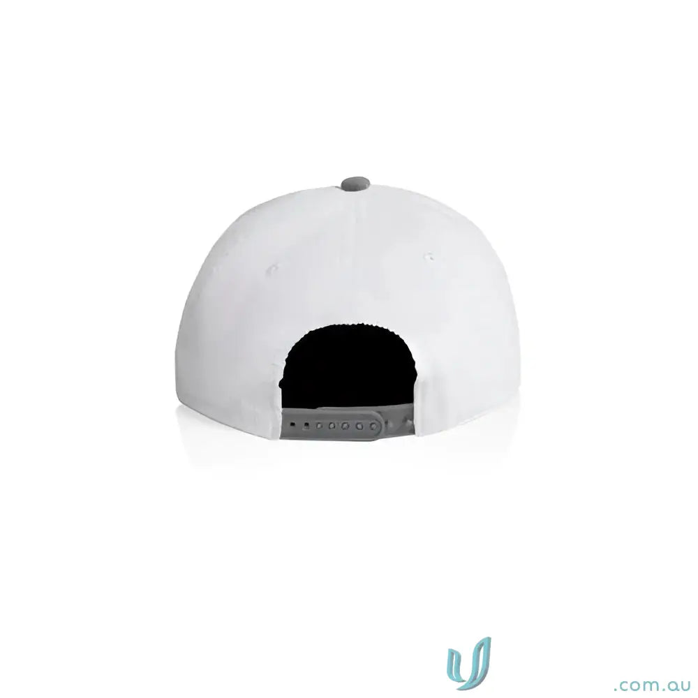 White cotton 16-wale partridge cord cap with gray snapback closure and five-panel design