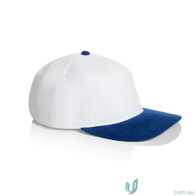 White baseball cap with royal blue brim and top button made from cotton 16-wale partridge cord