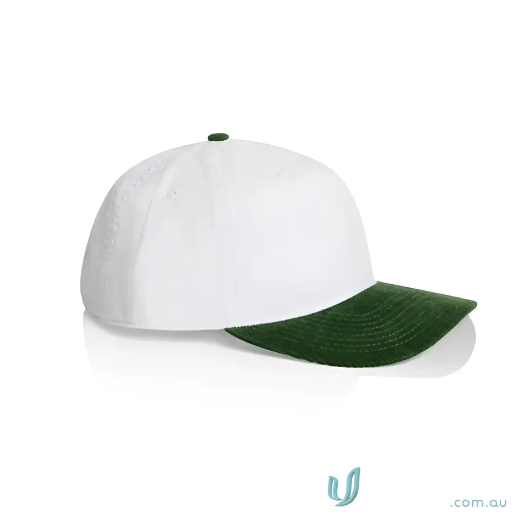 White cotton 16-wale partridge cord cap with dark green brim, stylish five-panel design