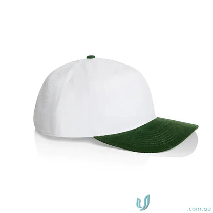 White cotton 16-wale partridge cord cap with dark green brim, stylish five-panel design
