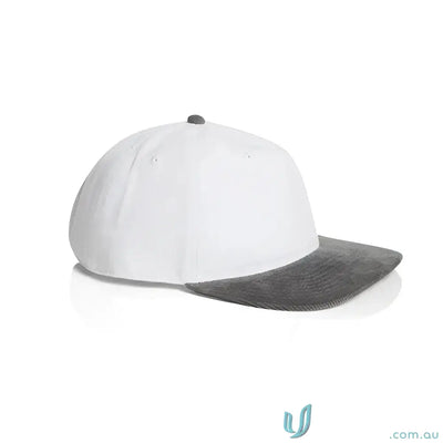 White cotton 16-wale partridge cord cap with dark gray brim, unstructured five-panel style