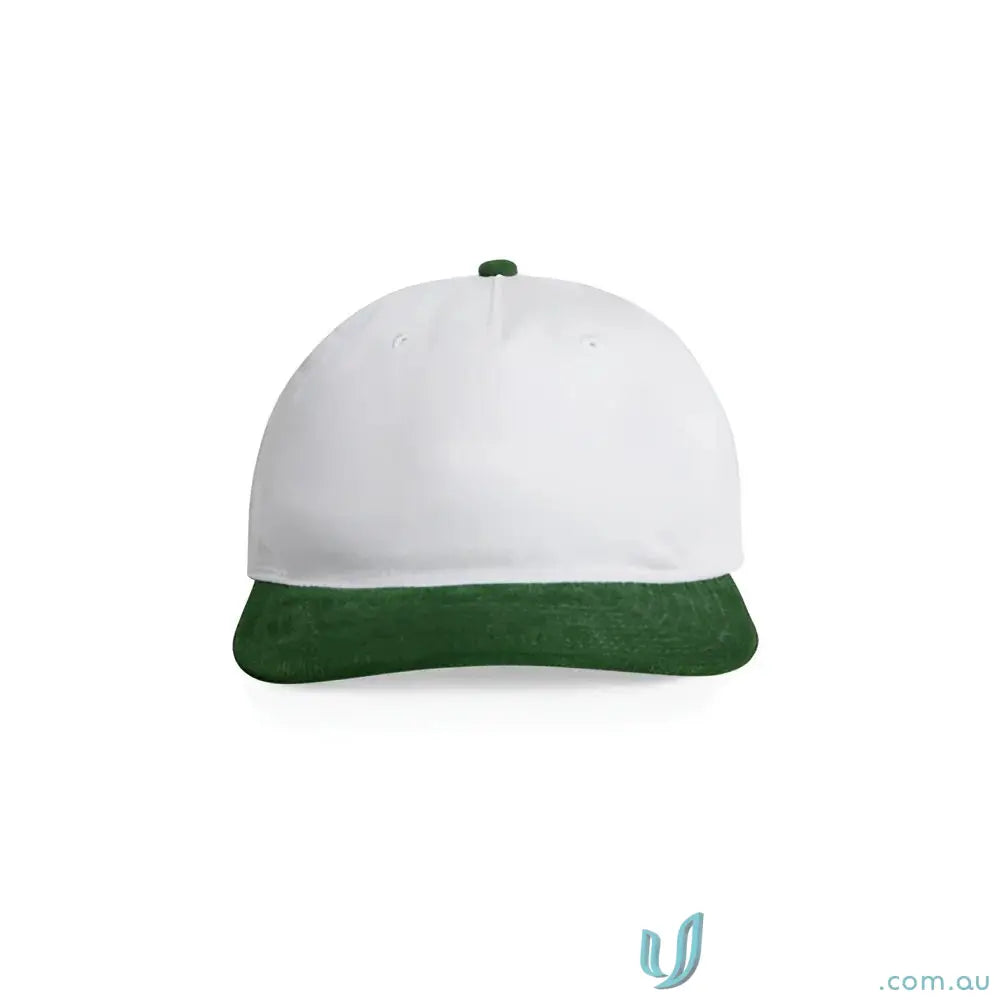 White cap with dark green brim and top button, made from cotton 16-wale partridge cord