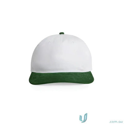 White cap with dark green brim and top button, made from cotton 16-wale partridge cord