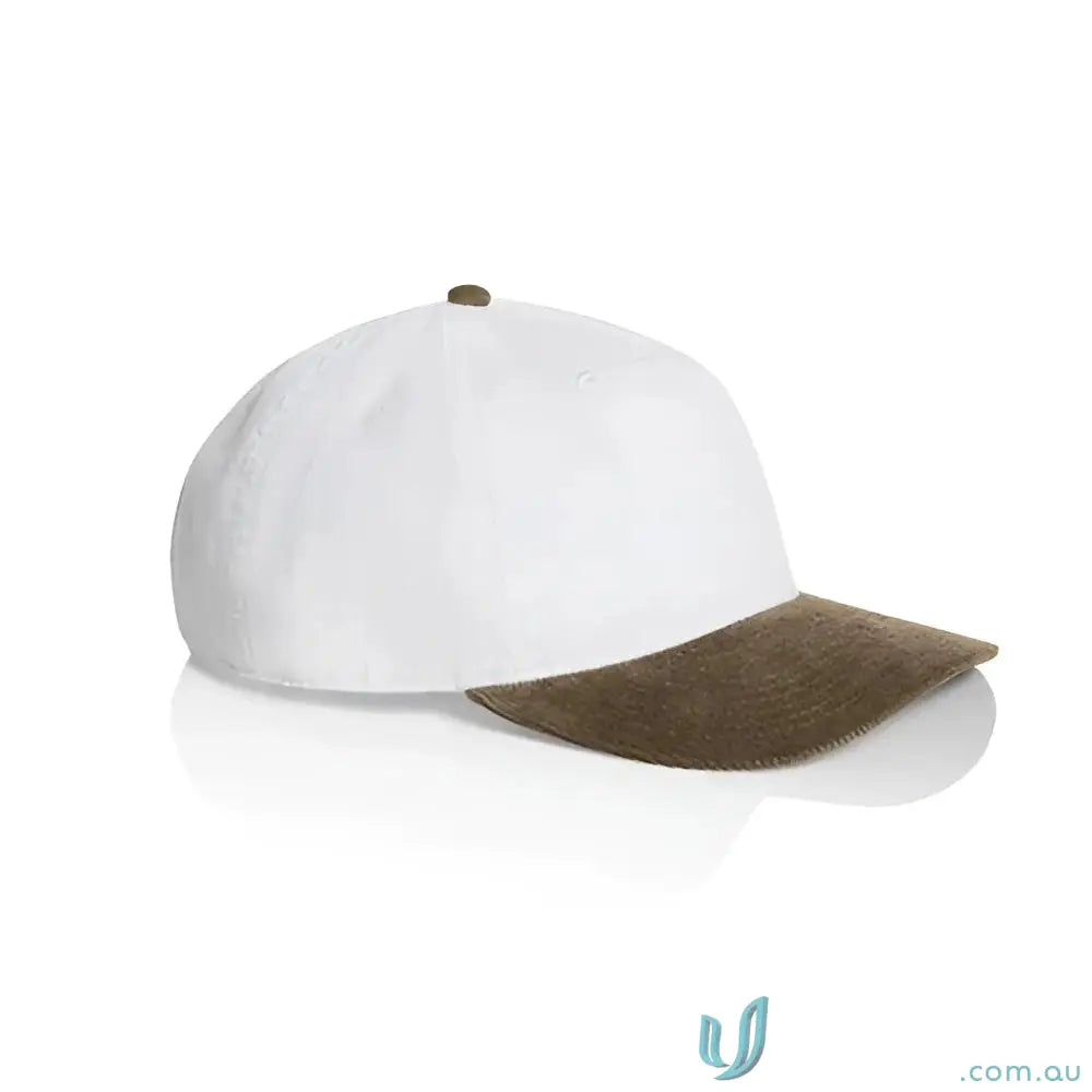 White cotton 16-wale partridge cord baseball cap with brown suede brim