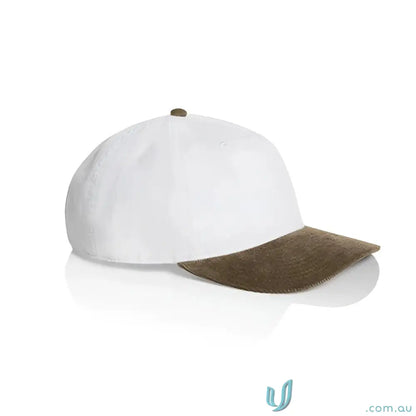 White cotton 16-wale partridge cord baseball cap with brown suede brim