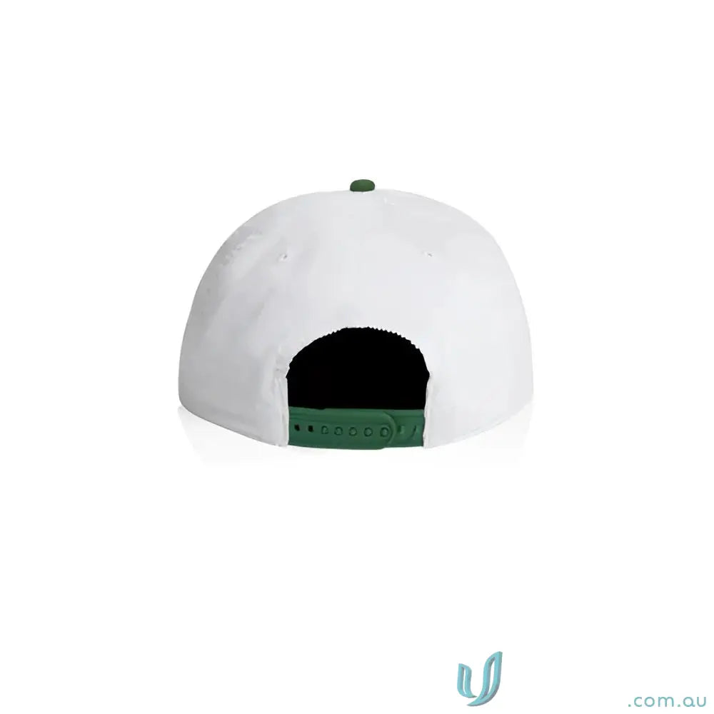White cotton 16-wale partridge cord cap with green brim and adjustable snapback