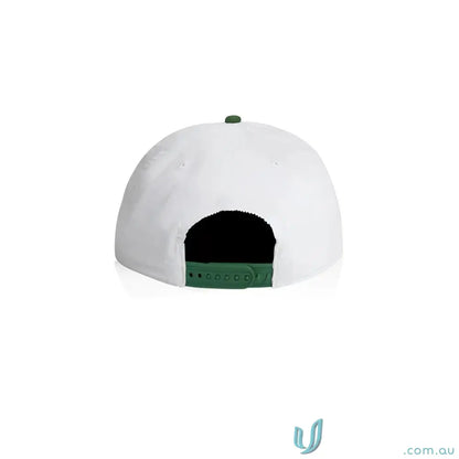 White cotton 16-wale partridge cord cap with green brim and adjustable snapback