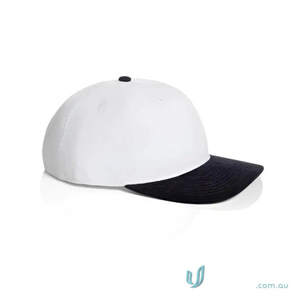 Two-tone baseball cap with white crown and black brim made of cotton 16-wale partridge cord