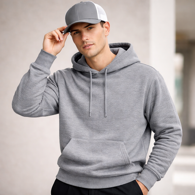 Gray hooded sweatshirt on premium contrast trucker cap