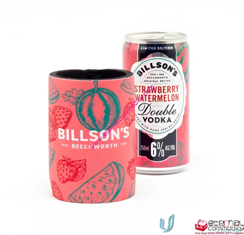 Red strawberry watermelon stubby holder with full colour print next to Billson’s Vodka can