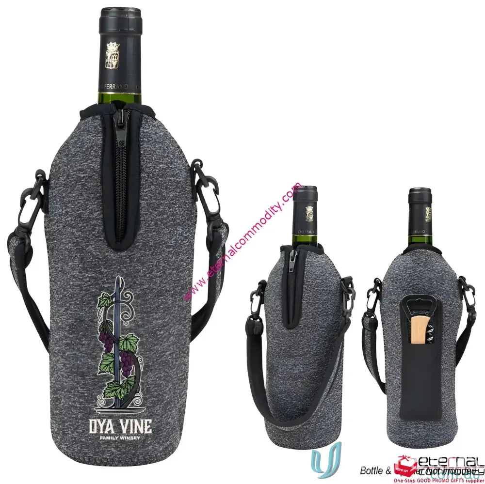 Gray insulated wine bottle holder with shoulder strap and corkscrew pocket in 5mm two-tone neoprene