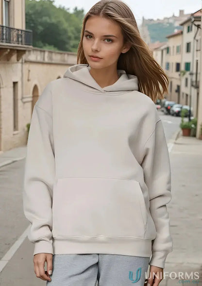 Beige fleece hoodie cvc made from recycled polyester premium fleece, oversized hoodie style