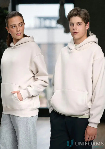 Two people wearing beige oversized fleece hoodies from Premium Fleece Oversized Hoodie collection