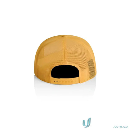 Mustard yellow trucker cap with recycled polyester mesh back and adjustable snap closure