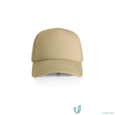 Plain tan trucker hat with structured front and recycled polyester mesh back