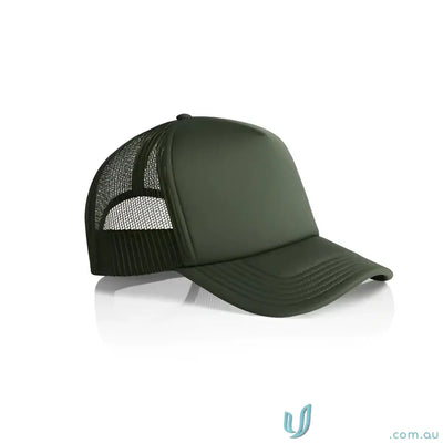Olive green trucker hat with polyester mesh back and curved peak for eco-friendly style