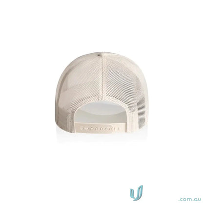 Light-colored mesh back cap with adjustable snap closure made from recycled polyester mesh