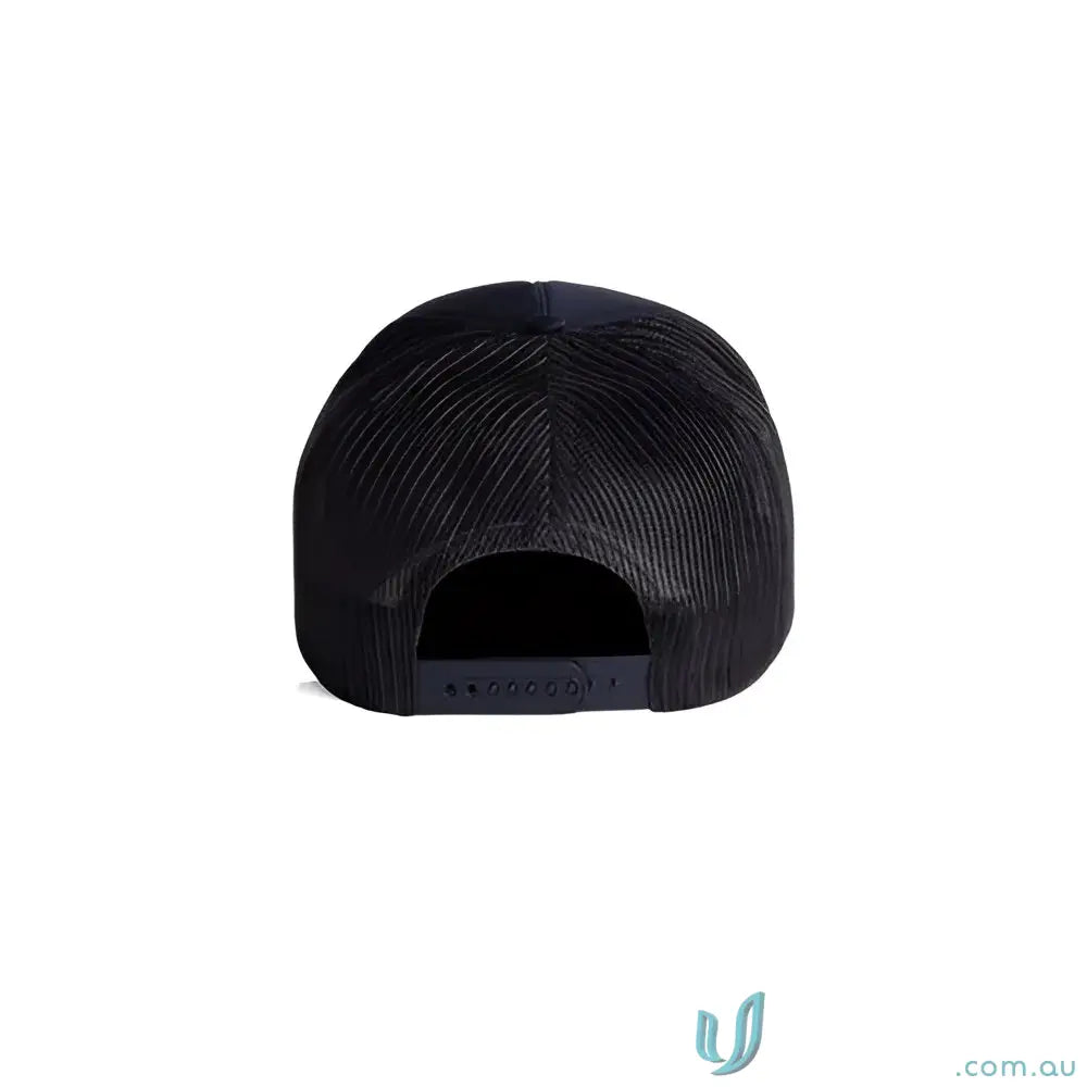 Black mesh trucker hat with adjustable snapback, made from recycled polyester mesh