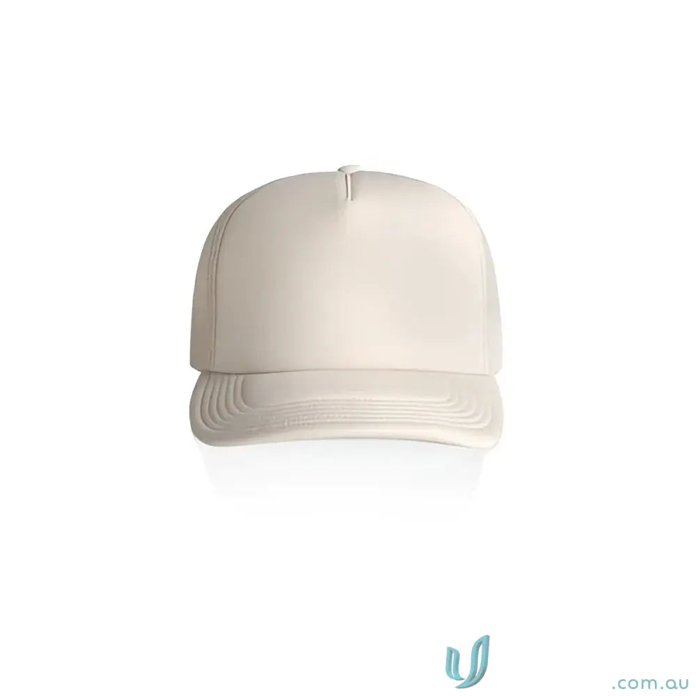 Plain light-colored foam trucker hat with recycled polyester mesh back