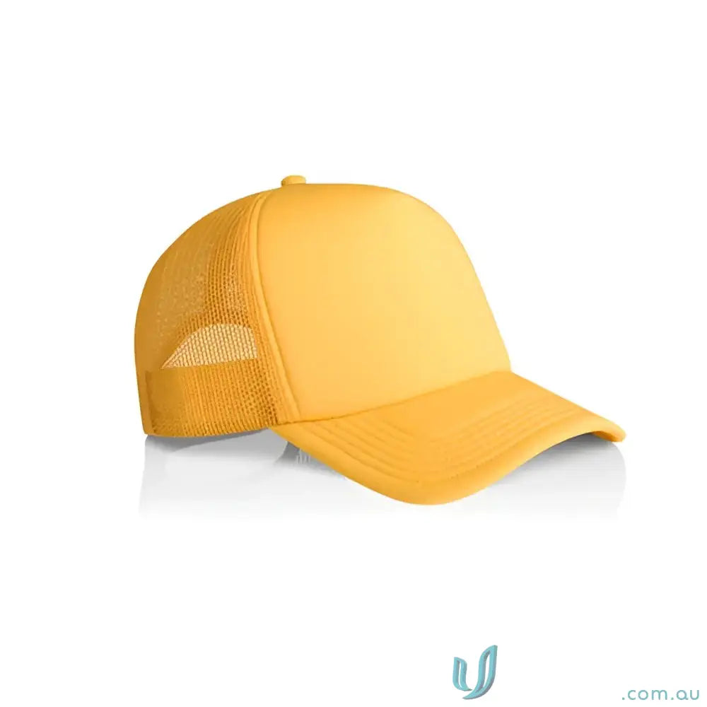 Bright yellow trucker cap with recycled polyester mesh back and curved brim
